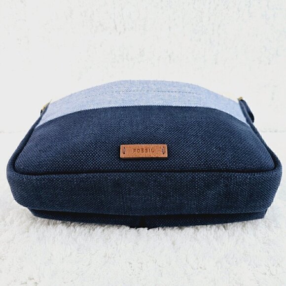 FOSSIL Navy Blue Ivory Striped Linen Crossbody Leather Accents Adjustable Strap - Picture 9 of 16